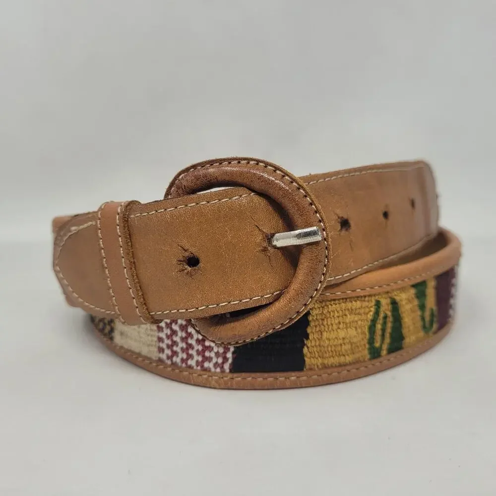 Brown Leather Belt 32 Colorful Woven Embroidered Southwestern Ethnic Tribal